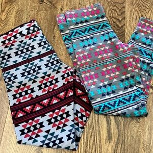 Womens Tribal Print Leggings - Gray & White with Pink, Teal & Red Accents
